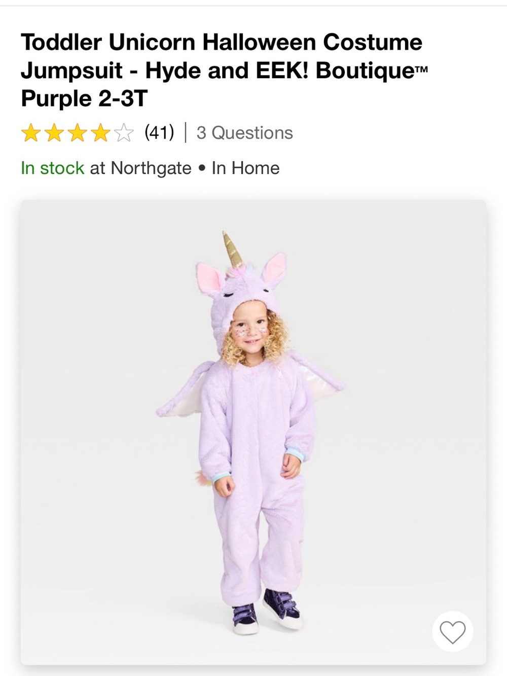 Target Lilac Plush Unicorn Kids Hooded Costume with Horn